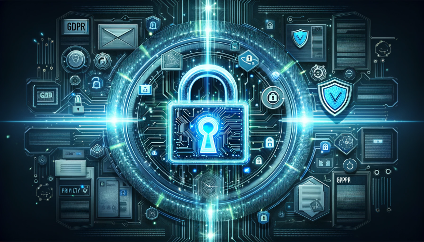 A high-resolution image depicting cybersecurity and GDPR compliance. At the center, there's a transparent digital padlock with a beam of light